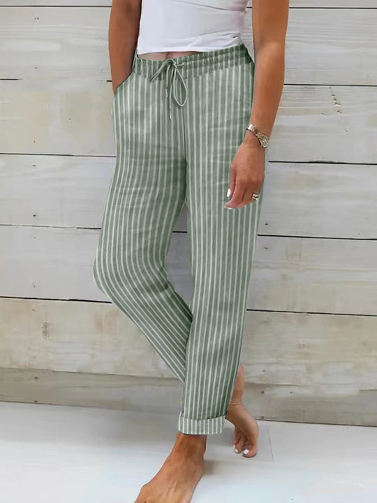 Damen entspannte Baumwoll-Streifenhose mit verstellbarem Bund EB