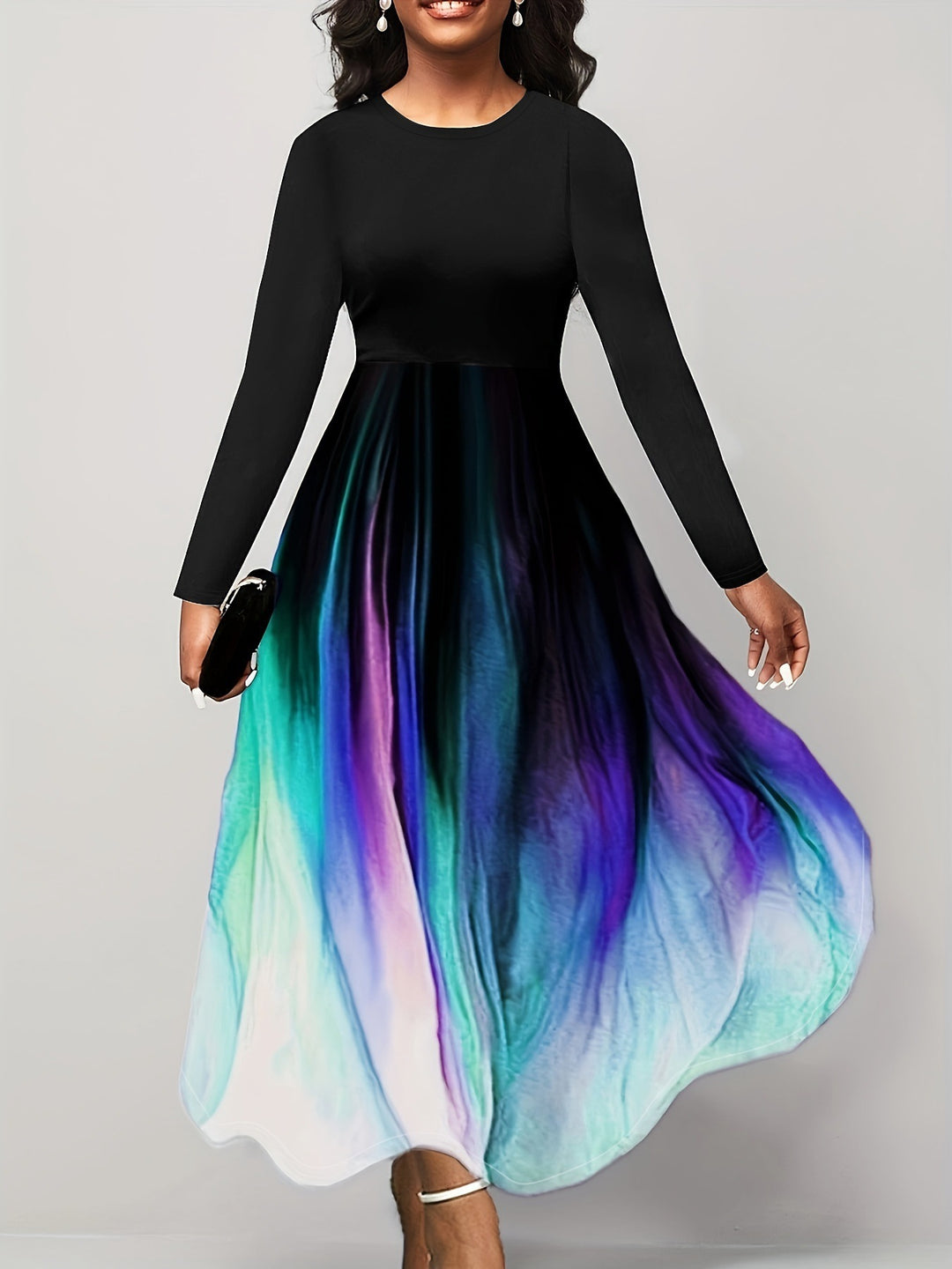 Damen Elegantes Maxikleid mit kreativer Farbverlauf-Optik und langen Ärmeln EB