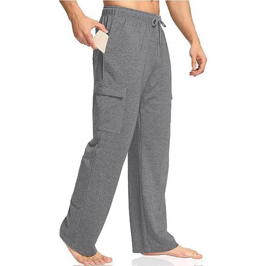 Herren nan komfortable Cargo-Loungehose mit elastischem Bund, Kordelzug, geradem Bein und aufgesetzten Klappentaschen EB