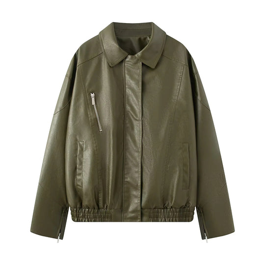 Damen modische Kunstlederjacke mit elastischem Saum und praktischen Taschen EB