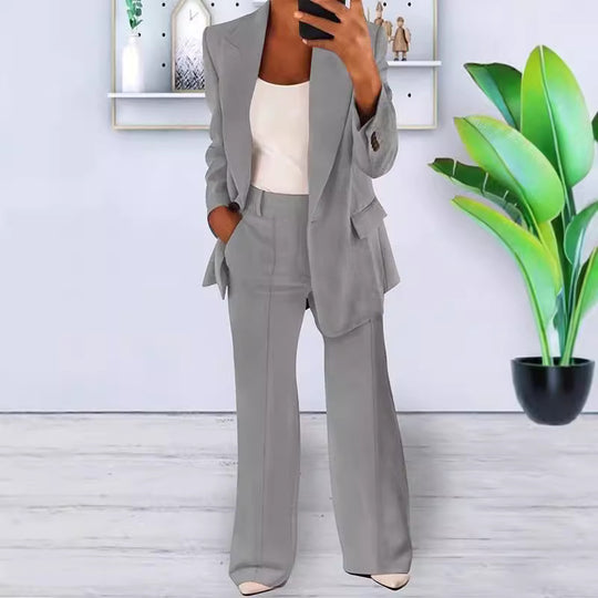 Damen nan bürotaugendes Hosenanzug Set mit weiter Hose und tailliertem Blazer EB