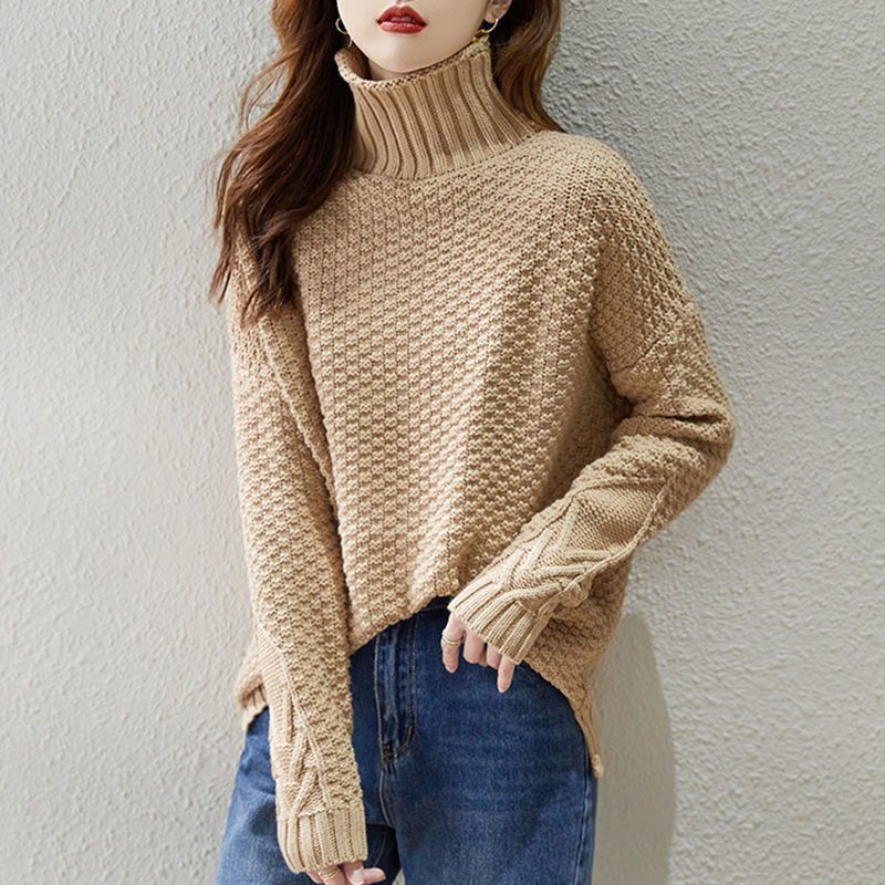Damen Grobstrickpullover mit hohem Kragen und strukturiertem Design EB