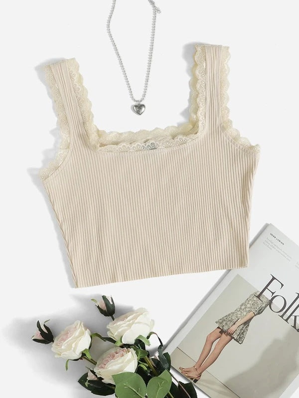 Damen modisches Basic-Crop-Top aus feiner Rippstruktur mit Spitzenrand EB