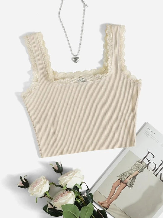 Damen modisches Basic-Crop-Top aus feiner Rippstruktur mit Spitzenrand EB
