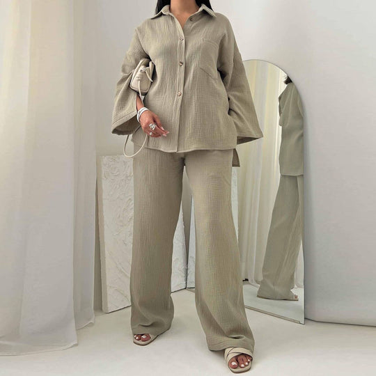 Damen bequeme und stilvolle Blusen-Hosen-Kombination mit eleganter Struktur EB