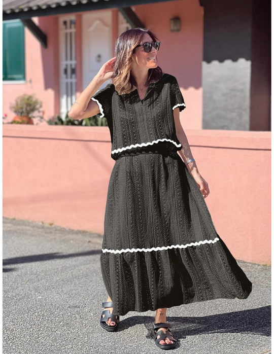 Damen Maxikleid mit voluminösem Rock und eleganter Rüsche EB