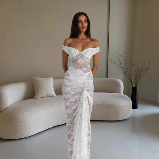 Damen Elegantes Spitzenkleid im Bodycon-Stil mit Off-Shoulder Ausschnitt EB
