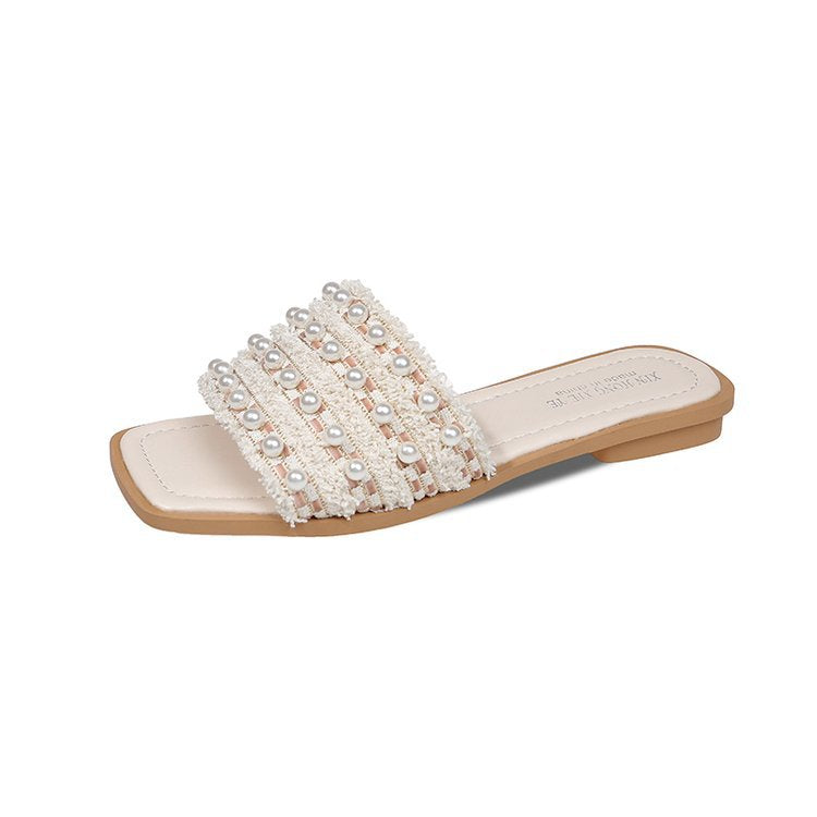Damen elegante flache Pantoletten mit zierlichen Perlenakzenten EB