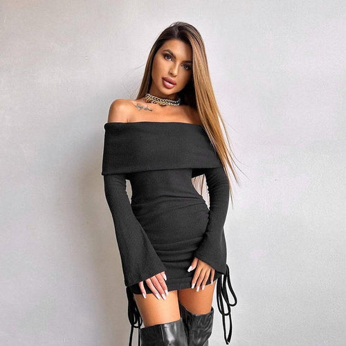Damen Off-Shoulder Mini-Kleid mit Raffung und langen Ärmeln EB