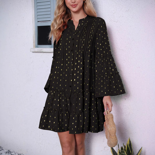 Damen lässiges Hemdblusenkleid mit Rüschendetails und Knopfleiste EB