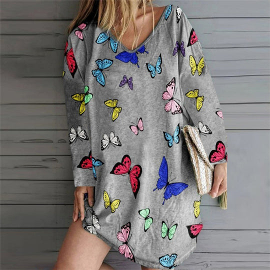 Damen Oversize Tunika-Kleid mit V-Ausschnitt und Schmetterlingsprint EB