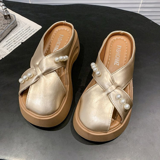 Damen Modische Plateau-Sandalen mit Perlenschmuck EB