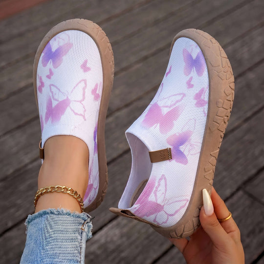 Damen nan atmungsaktiver Strick-Slipper mit Aquarell-Schmetterlingsprint und griffiger Outdoorsohle EB