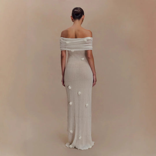 Damen Elegantes Maxikleid mit Off-Shoulder-Design und zarten 3D-Blütenapplikationen EB