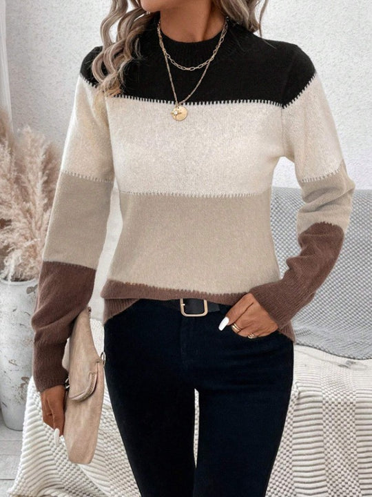 Damen Rundhals Strickpullover mit modernen Farbkombinationen EB