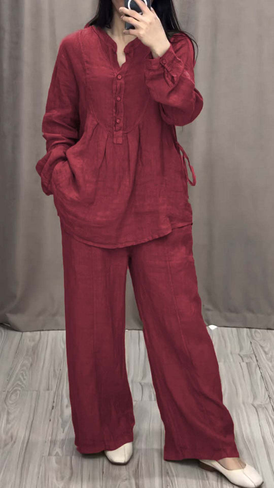 Damen nan lässiges Leinen-Set Tunika mit weitem Bein, Knopfleiste und Seitentaschen EB