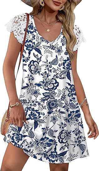 Damen Sommerkleid mit eleganten Spitzenärmeln und floralem Muster EB