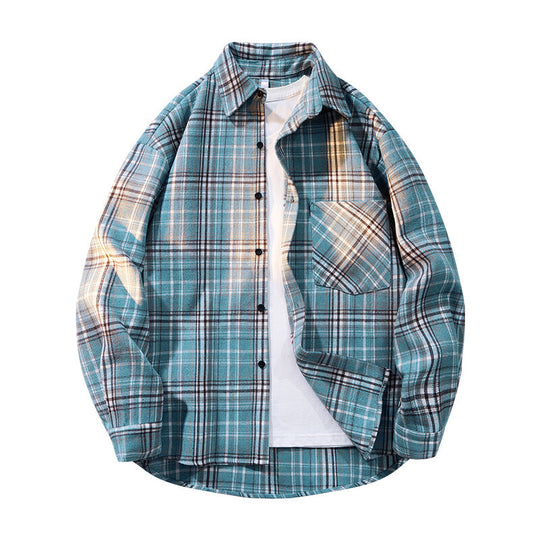 Herren nan kariertes Oversized Flanellhemd mit aufgesetzter Brusttasche, Rundem Saum und durchgeknöpfter Vorderseite EB