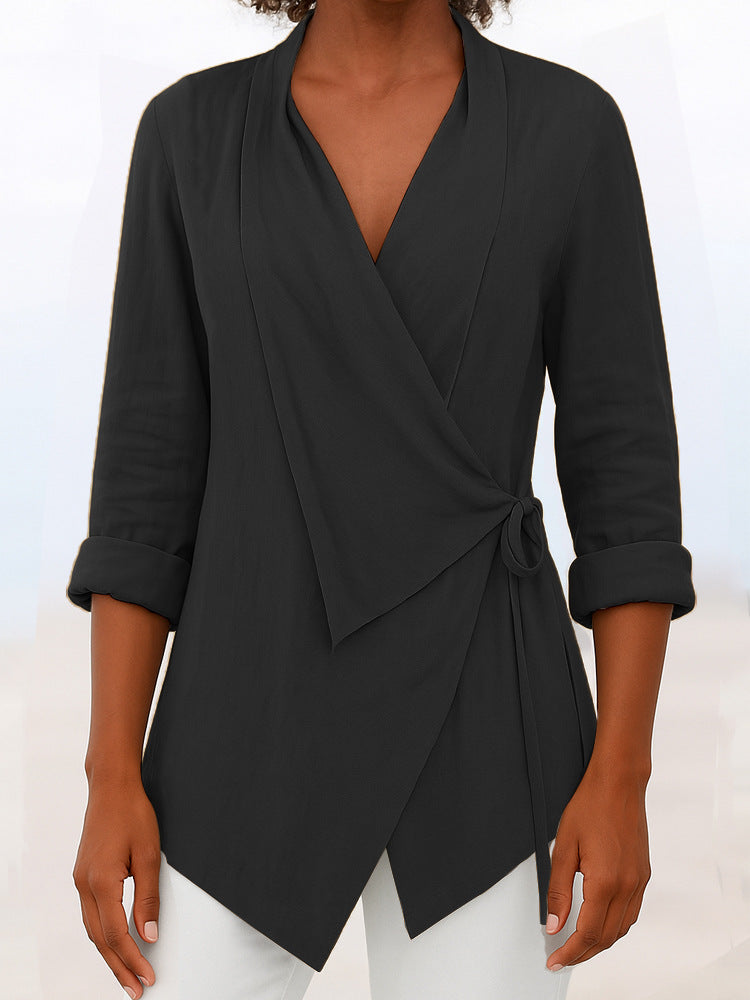 Damen Asymmetrische Wickelbluse mit Schalkragen und 3/4-Ärmeln EB