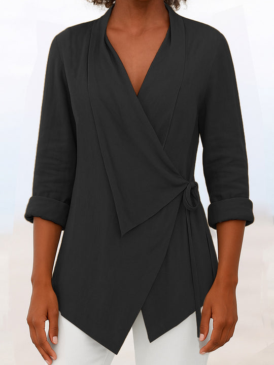Damen Asymmetrische Wickelbluse mit Schalkragen und 3/4-Ärmeln EB