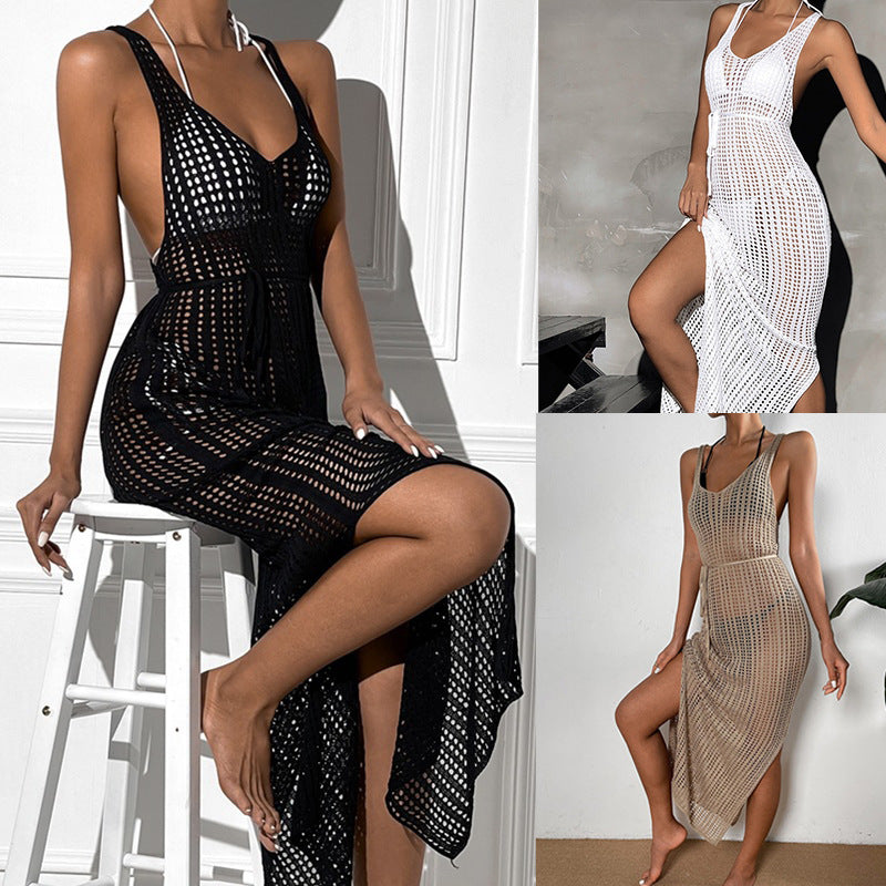 Damen gehäkeltes Maxikleid mit tailliertem Schnitt und seitlichem Kordelzug EB