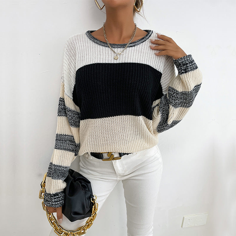 Damen lockerer Strickpullover mit trendigen Blockstreifen und V-Ausschnitt EB