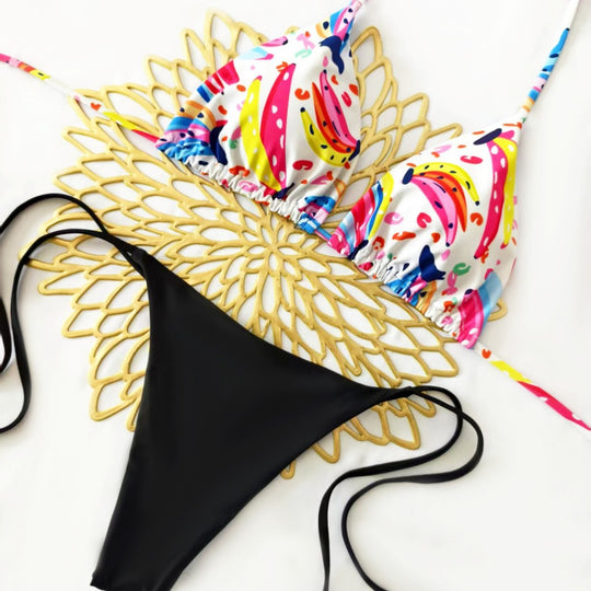 Damen Bikini-Set mit buntem Obstmuster und seitlichem Knoten EB