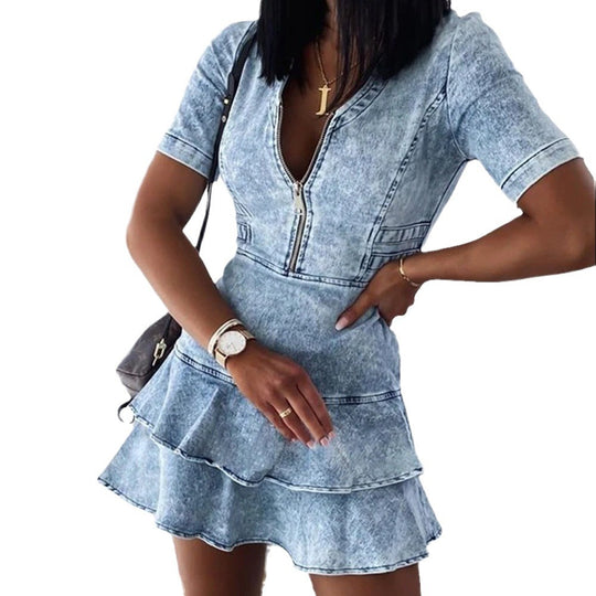 Damen Jeanskleid mit Rüschendetails und Reißverschluss EB