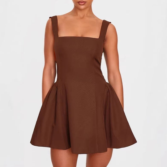 Damen A-Linien Kleid mit quadratischem Ausschnitt und angeschnittenen Taschen EB