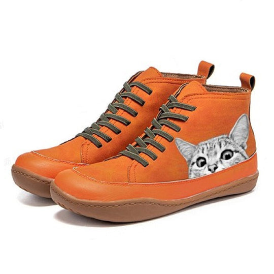 Damen High-Top Sneaker mit geprägtem Katzenmotiv weiches Kunstleder und gepolstertes Komfortfußbett EB