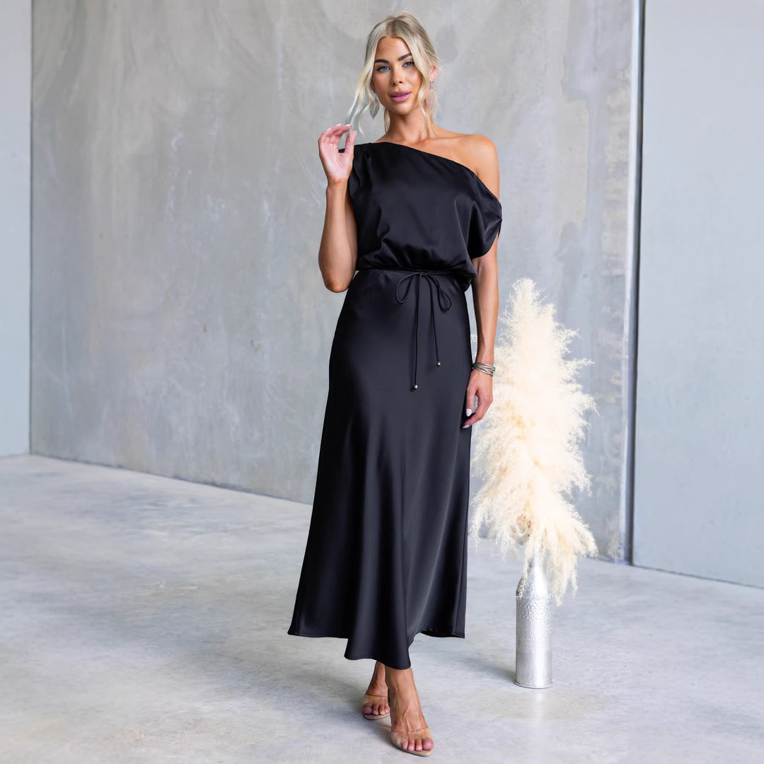 Damen Maxi-Kleid mit schulterfreiem Design und elastischem Taillenbund EB