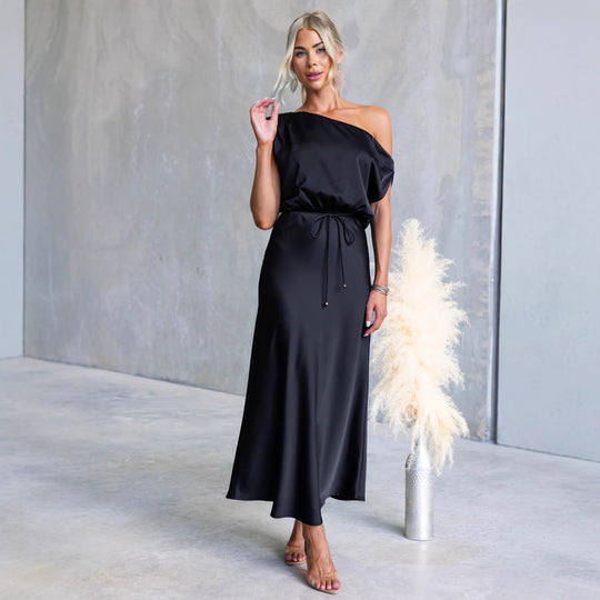 Damen Maxi-Kleid mit schulterfreiem Design und elastischem Taillenbund EB