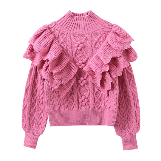 Damen Strickpullover mit Rüschen und Zopfmuster EB