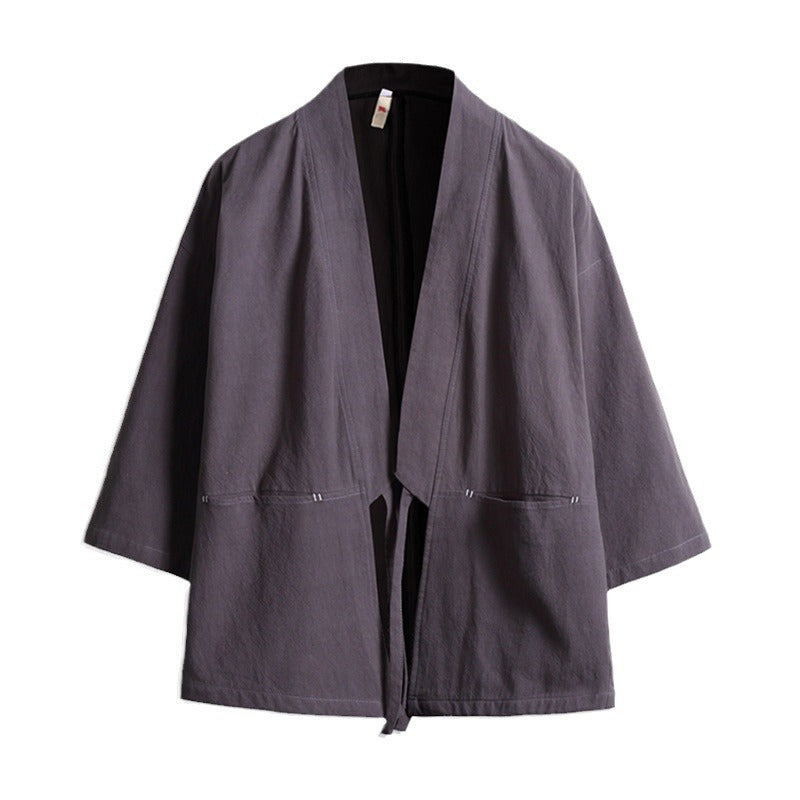 Unisex nan lässige Kimono-Jacke aus leichtem Baumwollmix mit weiter Passform und Bindegürtel EB