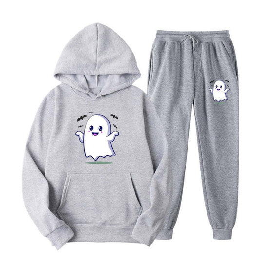 Unisex nan kuscheliger Kapuzenpullover und Jogginghose Set mit Halloween-Geistprint EB