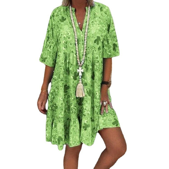 Damen nan A-Linien-Tunika-Minikleid mit V-Ausschnitt, stufigem Volant und Boho-Bandana-Print EB
