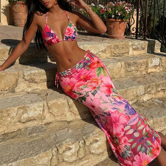 Damen Triangel-Bikini mit floralem und tierischem Muster EB