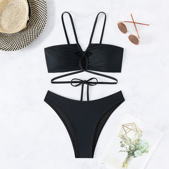 Damen Hochgeschnittenes Bikini-Set mit gekreuzten Trägern und modischen Cut-Outs EB