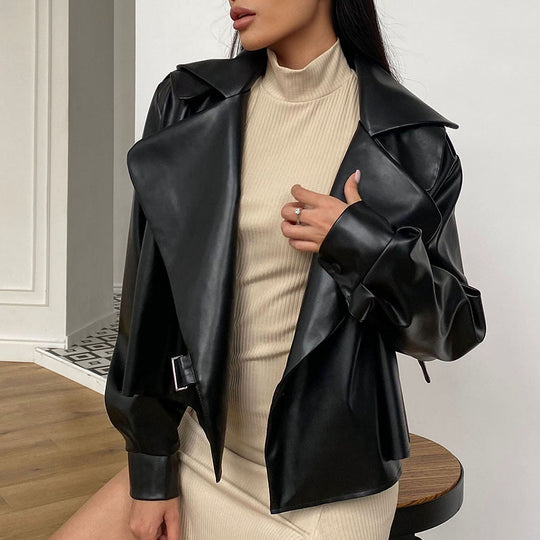 Damen Modische Kunstlederjacke mit elegantem Reverskragen und asymmetrischem Schnitt EB