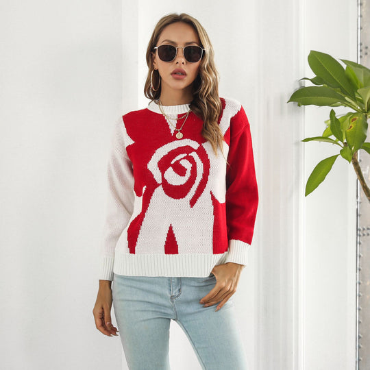 Damen Modischer Strickpullover mit floralem Muster und lässigem Schnitt EB