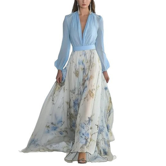 Damen nan fließendes Chiffon-Maxikleid mit tiefem V-Ausschnitt, tailliertem Bund und langem Glockenrock EB