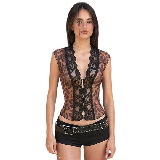 Damen Sexy Spitzenoberteil mit Leopardenmuster EB