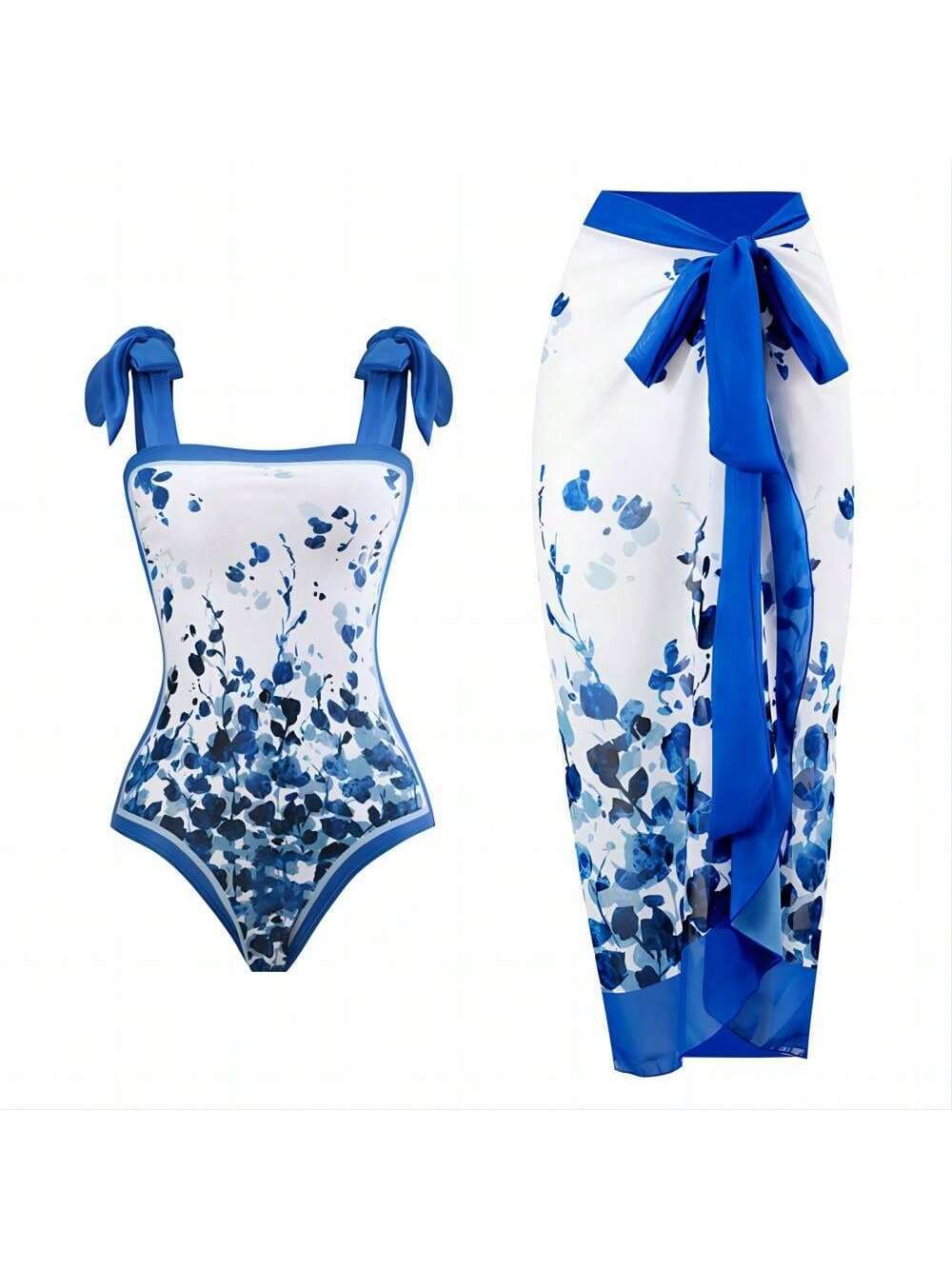 Damen Eleganter Badesuit mit floralen Akzenten und modischem Wickelrock EB