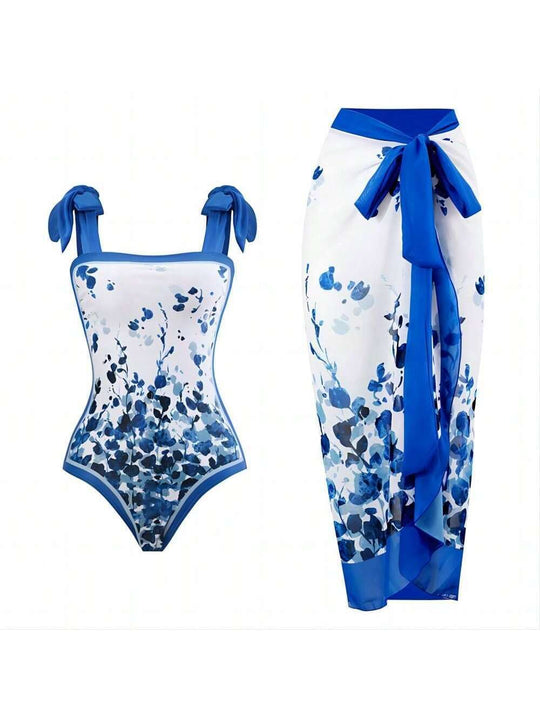 Damen Eleganter Badesuit mit floralen Akzenten und modischem Wickelrock EB
