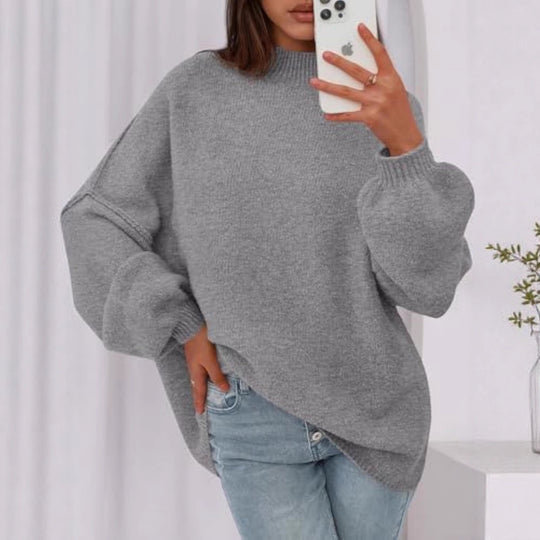 Damen Oversize-Strickpullover mit Stehkragen und Ballonärmeln EB
