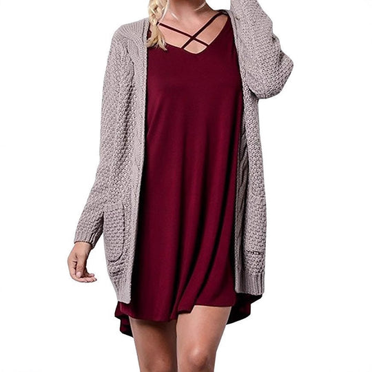 Damen gemütlicher Strickcardigan mit offener Front und Taschen EB