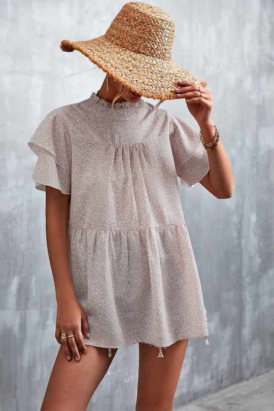 Damen luftiges Freizeitkleid mit voluminösen Rüschen und hohem Stehkragen EB