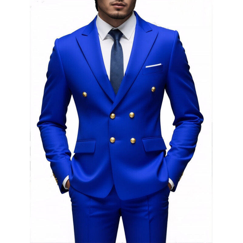 Herren nan doppelreihiger Slim-Fit Anzug mit goldenen Zierknöpfen und schmaler Businesshose EB