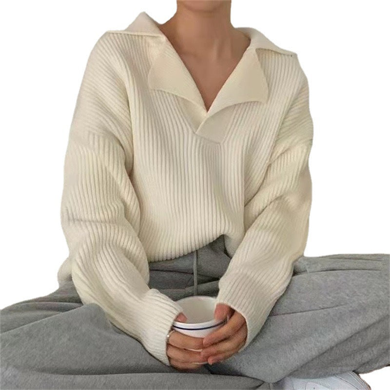 Damen lässiger Feinstrickpullover mit weichem Kragen und Rippstruktur EB