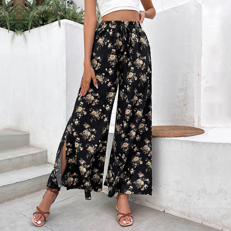 Damen Palazzo-Hose mit floralem Muster und hohen Schlitzen EB